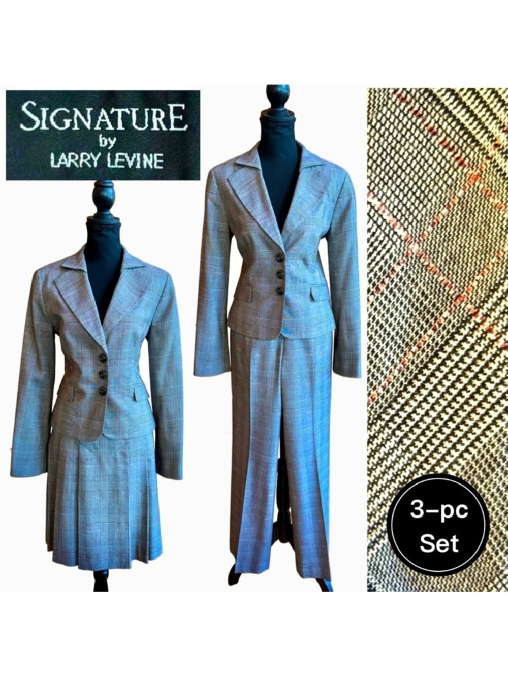 Plaid Blazer, Skirt, Pants 3-Piece Set Black White Rose-Pink (6)